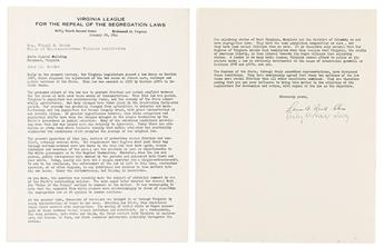 (CIVIL RIGHTS.) Leon A. Reid and Wiley A. Hall. Letter to a state rep from the Virginia League for the Repeal of the Segregation Laws.           